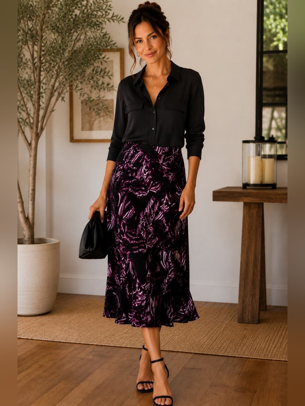 Chico’s Abstract Floral Midi Skirt Quiet Luxury Classy Chic Size 1